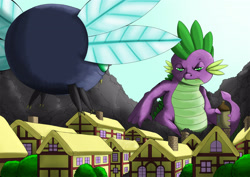 Size: 3473x2456 | Tagged: safe, artist:exelzior, spike, dragon, kaiju, parasprite, fight, glare, houses, macro, ponyville