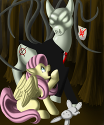 Size: 1067x1280 | Tagged: safe, artist:cobra-mcjingleballs, derpibooru import, angel bunny, fluttershy, slendermane, pegasus, pony, everfree forest, slenderman, slenderpony