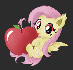 Size: 1280x1235 | Tagged: safe, artist:imoshie, fluttershy, bat pony, pony, :p, apple, chibi, cute, cute little fangs, ear tufts, fangs, female, filly, flutterbat, fruit, gray background, hnnng, hug, licking, looking at you, micro, race swap, shyabates, shyabetes, silly, simple background, smiling, solo, spread wings, tongue out, weapons-grade cute, wings, younger