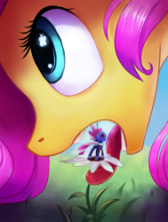 Size: 908x1200 | Tagged: safe, artist:sugahbite, fluttershy, seabreeze, breezie, pegasus, pony, fetish, flower, flutterpred, grazing, imminent vore, macro, micro, open mouth, tongue out, unaware, vore