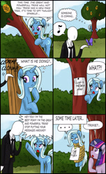 Size: 1939x3186 | Tagged: safe, artist:ciriliko, trixie, twilight sparkle, comic, creeper, crossover, slenderman, totally a tree