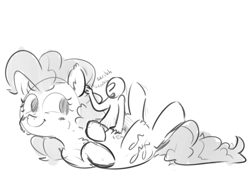 Size: 1280x882 | Tagged: safe, artist:nobody, pinkie pie, oc, oc:anon, human, bellyrubs, ear scratch, macro, monochrome, on back, petting, sketch