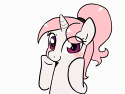 Size: 800x600 | Tagged: safe, artist:haden-2375, oc, oc only, oc:candy blossom, pony, unicorn, animated, cute, female, frame by frame, gif, looking at you, mare, ocbetes, open mouth, ponytail, simple background, smiling, solo, squishy cheeks