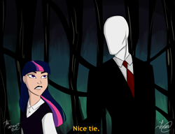 Size: 3508x2700 | Tagged: safe, artist:angelpony99, twilight sparkle, human, bruce timm, crossover, duo, fake screencap, humanized, slenderman, slenderverse, style emulation