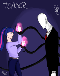 Size: 1220x1550 | Tagged: safe, artist:angelpony99, twilight sparkle, human, fight, humanized, magic, simple background, slenderman, teaser, tentacles