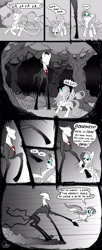 Size: 1200x2953 | Tagged: safe, artist:omny87, derpibooru import, fluttershy, slendermane, pegasus, pony, comic:marble pegasi, blue eyes, comic, comically missing the point, faceless male, gasp, limited palette, male, marble hornets, monochrome, necktie, offscreen character, prehensile tail, singing, slenderman, slenderpony