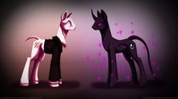 Size: 1024x573 | Tagged: safe, artist:inuhoshi-to-darkpen, slendermane, pony, clothes, colored sclera, crossover, curved horn, enderman, enderpony, minecraft, no eyes, ponified, purple eyes, simple background, slenderman, slenderpony, suit, video game