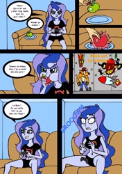 Size: 2451x3485 | Tagged: safe, artist:drsgrowth, princess luna, vice principal luna, equestria girls, belly button, crash bandicoot, french, gamer luna, giantess, growth, macro, mega luna, midriff