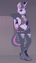 Size: 1093x1868 | Tagged: safe, artist:evehly, twilight sparkle, twilight sparkle (alicorn), alicorn, anthro, plantigrade anthro, alternate hairstyle, belly button, belt, boots, choker, clothes, collar, colored wings, colored wingtips, ear piercing, earring, female, frown, jeans, jewelry, leaning, lidded eyes, looking at you, midriff, multicolored wings, necklace, pants, piercing, punk, solo, thug life, torn clothes, wip