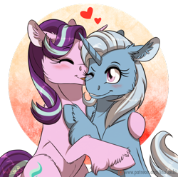 Size: 800x792 | Tagged: safe, artist:inuhoshi-to-darkpen, starlight glimmer, trixie, pony, unicorn, :p, blushing, cheek fluff, cute, diatrixes, ear fluff, eyes closed, female, floppy ears, fluffy, glimmerbetes, grin, heart, hug, lesbian, licking, one eye closed, patreon, patreon logo, shipping, simple background, smiling, startrix, tongue out, transparent background, unshorn fetlocks, wink