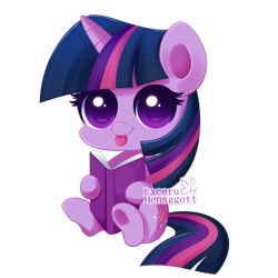 Size: 700x700 | Tagged: safe, artist:exceru-karina, twilight sparkle, book, bookhorse, chibi, cute, looking at you, simple background, sitting, smiling, solo, that pony sure does love books, tongue out, transparent background, twiabetes, underhoof, watermark