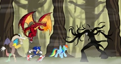 Size: 2110x1112 | Tagged: dead source, safe, artist:shinigamileo, derpibooru import, discord, rainbow dash, dragon, pegasus, pony, crossover, fight, forest, slenderman, sonic the hedgehog, sonic the hedgehog (series)