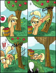 Size: 2345x3070 | Tagged: safe, artist:ciriliko, derpibooru import, applejack, earth pony, pony, bucking, comic, creeper, high res, slenderman