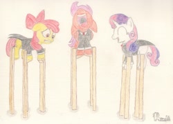 Size: 2240x1610 | Tagged: safe, artist:ramott, apple bloom, scootaloo, slendermane, sweetie belle, cutie mark crusaders, slenderman, slenderpony, stilts, traditional art