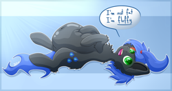 Size: 3600x1900 | Tagged: safe, artist:detka, oc, oc only, oc:reiku, pony, belly, big belly, blatant lies, fat, liar, solo