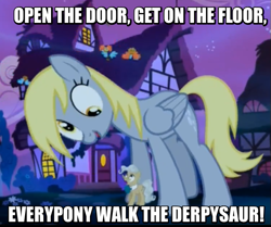 Size: 573x478 | Tagged: safe, edit, edited screencap, screencap, derpy hooves, mayor mare, pegasus, pony, do princesses dream of magic sheep, background pony, cropped, derpysaur, female, giant derpy hooves, giant pony, giantess, image macro, macro, mare, meme, ponyville, song reference, walk the dinosaur, was (not was), was not was