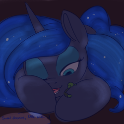 Size: 700x700 | Tagged: safe, artist:goat train, princess luna, oc, oc:anon, human, pony, cuddling, dialogue, giant pony, macro, size difference, snuggling