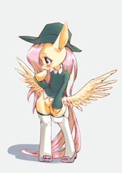 Size: 1447x2039 | Tagged: safe, artist:unousaya, fluttershy, pegasus, pony, bipedal, blushing, butt wings, clothes, gray background, hat, large ears, looking at something, looking away, raised hoof, shirt, simple background, socks, solo, spread wings, stockings, thigh highs