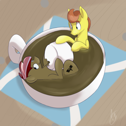 Size: 1280x1280 | Tagged: safe, artist:mrrowboat, oc, oc only, oc:campino, oc:tomson, pony, coffee mug, cup of pony, hot chocolate, male, marshmallow, micro, stallion, table