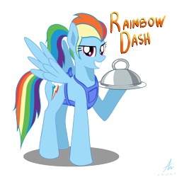 Size: 3000x3000 | Tagged: safe, artist:truffle shine, rainbow dash, pegasus, pony, alternate hairstyle, apron, clothes, cosplay, costume, crossover, diner dash, female, flo (diner dash), food, grin, hoof hold, looking at you, mare, ponytail, pun, signature, simple background, smiling, smirk, solo, spread wings, transparent background, video game, waitress, wings