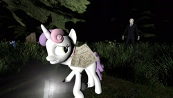 Size: 1920x1080 | Tagged: safe, sweetie belle, 3d, flashlight (object), forest, gmod, pages, scary, slender, slender belle, slenderman