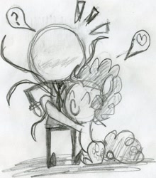 Size: 838x953 | Tagged: safe, artist:blazefeatheroc, derpibooru import, pinkie pie, earth pony, pony, crossover, cute, hug, monochrome, pencil drawing, slenderman