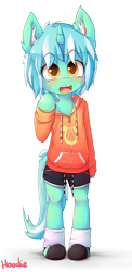 Size: 1000x2050 | Tagged: safe, artist:hoodie, lyra heartstrings, semi-anthro, blushing, clothes, colored pupils, cute, ear fluff, female, filly, filly lyra, foal, hoodie, lyrabetes, open mouth, shorts, signature, simple background, smiling, socks, solo, transparent background, weapons-grade cute, younger