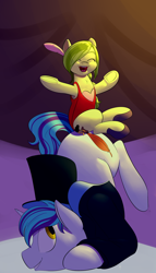 Size: 1600x2800 | Tagged: safe, artist:goat train, oc, oc only, oc:paige, oc:sequoia, oc:snap feather, butt bump, butt to butt, butt touch, clothes, costume, hat, macro, performance, size difference, spotlight, top hat