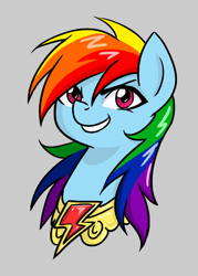 Size: 600x839 | Tagged: safe, artist:valkyrie-girl, rainbow dash, pegasus, pony, bust, element of loyalty, female, mare, simple background, smiling, solo