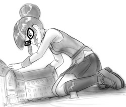 Size: 952x809 | Tagged: safe, artist:alloyrabbit, sci-twi, twilight sparkle, equestria girls, boots, building, canterlot high, clothes, experiment, female, giantess, glasses, grayscale, looking down, macro, magic, monochrome, skirt, solo