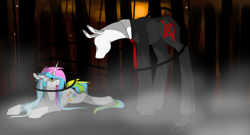 Size: 1200x650 | Tagged: safe, artist:badkittyxx, slendermane, oc, oc:spectrum song, pony, unicorn, forest, ponified, slenderman, slenderpony