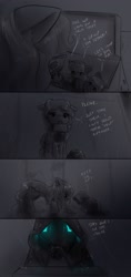 Size: 935x1980 | Tagged: safe, artist:alloyrabbit, excel (character), mayor mare, outlook (character), powerpoint (character), oc, oc:alloy, robot, comic, dark, dialogue, glowing eyes, micro, rain