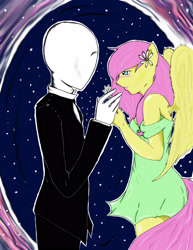 Size: 2550x3300 | Tagged: safe, artist:vampenxwitch, derpibooru import, fluttershy, anthro, ambiguous facial structure, blushing, creepypasta, female, flower, holding hands, male, romance, shipping, slenderman, slendershy, straight