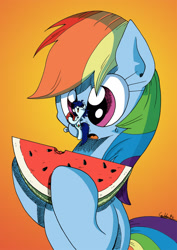Size: 1250x1761 | Tagged: safe, artist:labba94, rainbow dash, oc, pegasus, pony, eating, giant pony, macro, micro, open mouth, size difference, watermelon