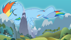 Size: 1191x670 | Tagged: safe, artist:auskeldeo, rainbow dash, pegasus, pony, equestria, giant pony, giant rainbow dash, giantess, growth, macro, mega/giant rainbow dash, mountain, ponyville, sky, tree