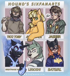 Size: 1080x1180 | Tagged: safe, artist:sugarr.hound, derpibooru import, applejack, nightmare moon, alicorn, anthro, earth pony, human, pony, wolf, anthro with ponies, axe, batgirl, beastars, bust, clothes, colored hooves, costume, crossover, dc comics, ethereal mane, fangs, female, goggles, helmet, hoof shoes, jaskier, legosi (beastars), looking back, male, mare, mask, out of frame, question mark, six fanarts, slenderman, starry mane, ticci-toby, weapon, witcher