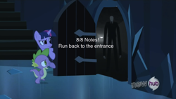 Size: 854x480 | Tagged: safe, spike, twilight sparkle, dragon, pony, unicorn, door, exploitable meme, female, horn, hub logo, male, mare, meme, multicolored mane, open mouth, purple coat, slender elementary, slenderman, stairs, the scary door