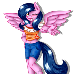 Size: 1450x1450 | Tagged: safe, artist:jack-pie, oc, oc only, oc:diamond coat, anthro, pegasus, belly button, clothes, female, happy, midriff, one eye closed, short shirt, shorts, simple background, solo, transparent background, wink