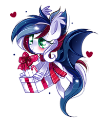 Size: 800x1014 | Tagged: safe, artist:ipun, oc, oc only, oc:strike burst, bat pony, pony, clothes, female, heart eyes, mare, present, scarf, simple background, solo, transparent background, wingding eyes