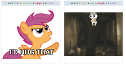 Size: 538x284 | Tagged: safe, scootaloo, exploitable meme, juxtaposition, juxtaposition win, slenderman, special eyes