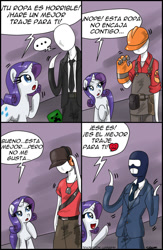 Size: 723x1106 | Tagged: safe, artist:ciriliko, artist:innuendo88, derpibooru import, rarity, pony, unicorn, :3, creeper, scout, slenderman, spanish, spy, team fortress 2, translation