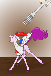 Size: 1024x1519 | Tagged: safe, artist:canterlotroyalty, pinkie pie, human, animal costume, chicken pie, chicken suit, clothes, costume, fork, micro, solo