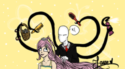 Size: 2473x1361 | Tagged: safe, artist:angelpony99, derpibooru import, fluttershy, human, basket, comb, crossover, hairbrush, hairspray, humanized, slenderman