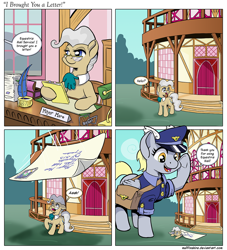 Size: 1200x1322 | Tagged: safe, artist:muffinshire, derpy hooves, mayor mare, pegasus, pony, do princesses dream of magic sheep, comic, derpysaur, desk, female, giant pony, hat, letter, macro, mailbag, mailmare, mare, muffinshire is trying to murder us, newton's cradle, panic, shocked, town hall