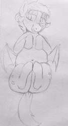 Size: 2075x3848 | Tagged: safe, artist:tacodeltaco, derpibooru exclusive, oc, oc:star shower, bat pony, pony, bat pony oc, belly button, blushing, dock, fat, grin, looking away, monochrome, on back, sketch, smiling, solo, traditional art