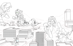 Size: 1280x814 | Tagged: safe, artist:goat train, derpibooru import, oc, oc only, oc:alloy, oc:cumulonimbus, oc:orchid, oc:p.o.n.e., oc:saltlick, oc:sequoia, oc:sugarcube, oc:ultramare, kaiju, kaiju pony, pony, rabbit, robot, robot pony, angry, animal, argument, banned from derpibooru, city, crush fetish, crushing, destruction, discussion, fetish, grayscale, green eyes, hide and seek, lineart, looking at someone, looking down, lying down, macro, macro/micro, micro, monochrome, open mouth, prone, size difference, wip