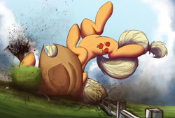 Size: 2000x1355 | Tagged: safe, artist:ncmares, applejack, earth pony, pony, big-apple-pony, dirt, female, fence, giant pony, giantess, macro, solo, suplex, tackle, tree