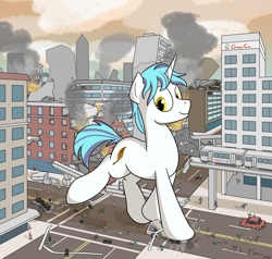 Size: 2212x2104 | Tagged: safe, artist:rapidstrike, oc, oc only, oc:snap feather, pony, building, car, city, commission, crushing, destruction, giant pony, loss (meme), macro, people, rampage, size difference, stomping, train