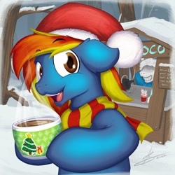 Size: 1600x1600 | Tagged: safe, artist:hardlugia, oc, oc:phil, pegasus, bowl, chocolate, christmas, clothes, food, hat, holiday, hot chocolate, looking at you, sans (undertale), santa hat, scarf, snow, solo focus, stand, steam, undertale, winter