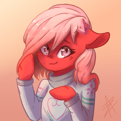 Size: 1000x1000 | Tagged: safe, artist:myralilth, oc, oc only, oc:downvote, earth pony, pony, semi-anthro, clothes, derpibooru, derpibooru ponified, female, mare, meta, ponified, solo, sweater